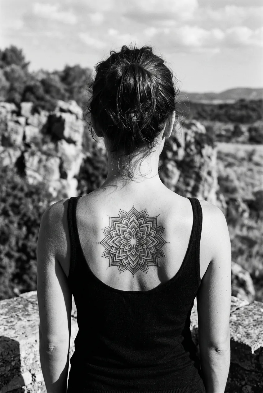 Geometric mandala tattoo positioned between woman's shoulder blades with dramatic lighting and shadows