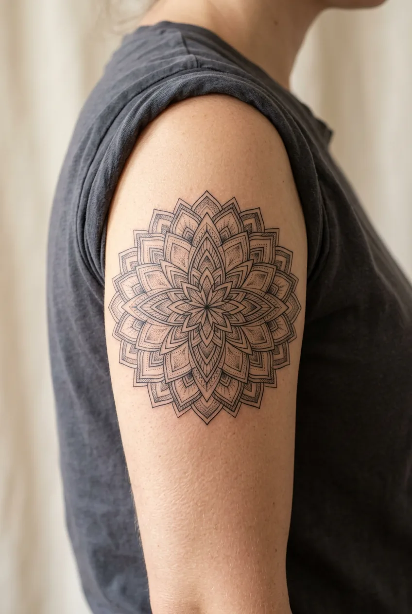 Geometric mandala tattoo on woman's upper arm displaying perfect symmetry and precise fine line work