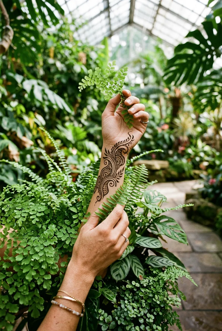 Woman's forearm with geometric rose tattoo among real garden roses and thorny stems