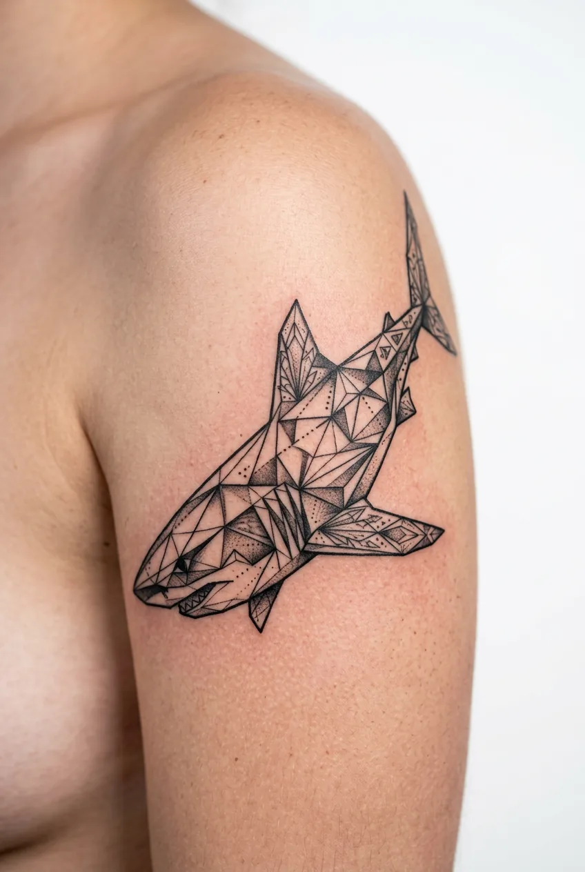 Fresh geometric shark tattoo with triangular crystalline patterns on woman's upper arm