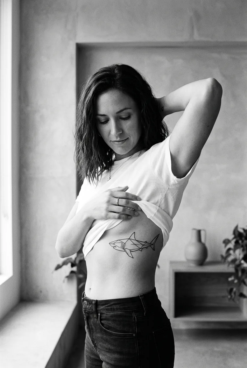 Woman showing geometric minimalist shark silhouette tattoo positioned on ribcage area