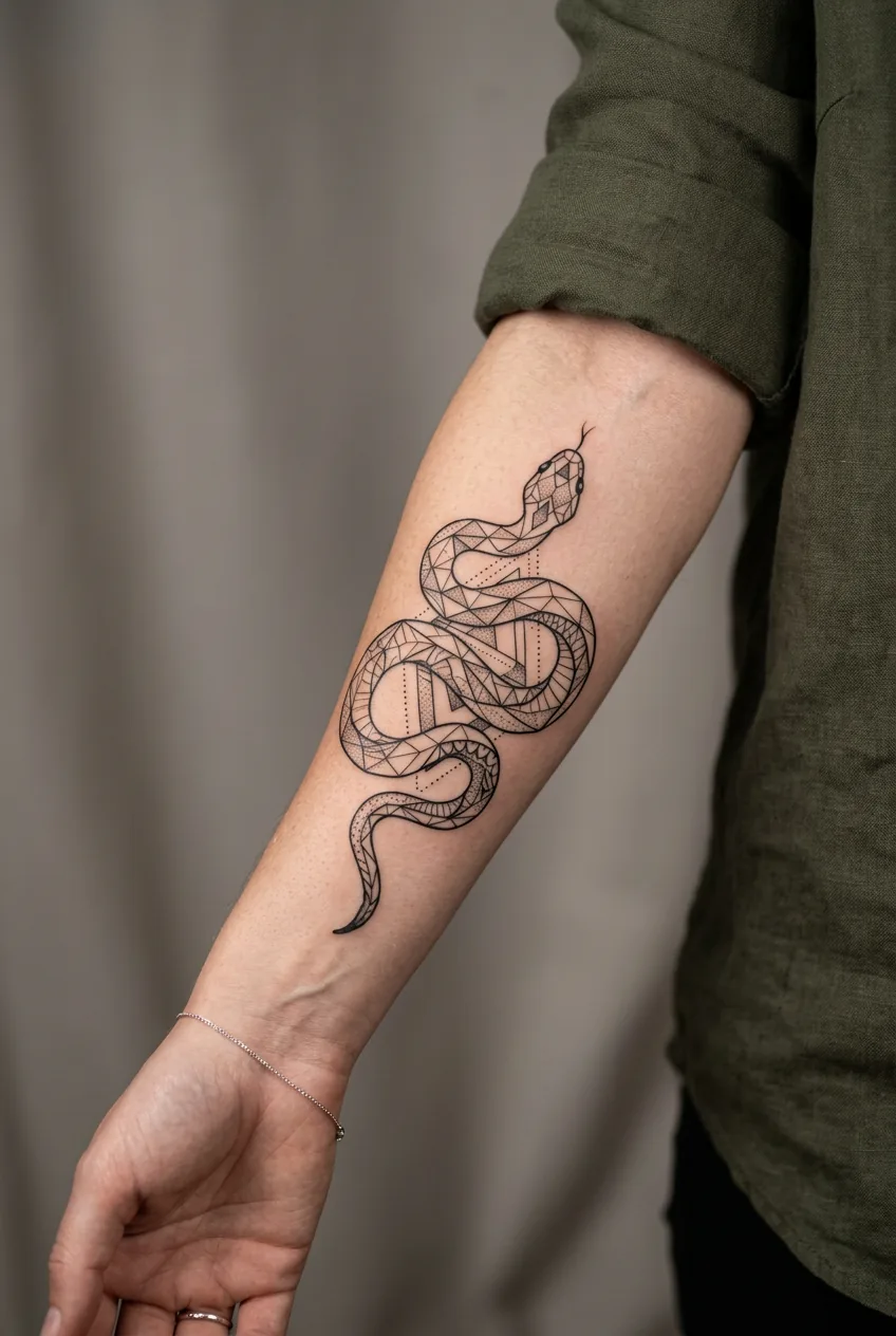 Geometric snake tattoo design on woman's forearm blending serpent form with modern precise linework