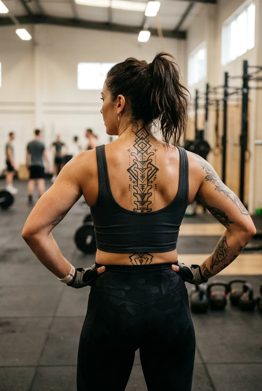 Well-healed geometric spine tattoo with substantial line weight design on woman's back