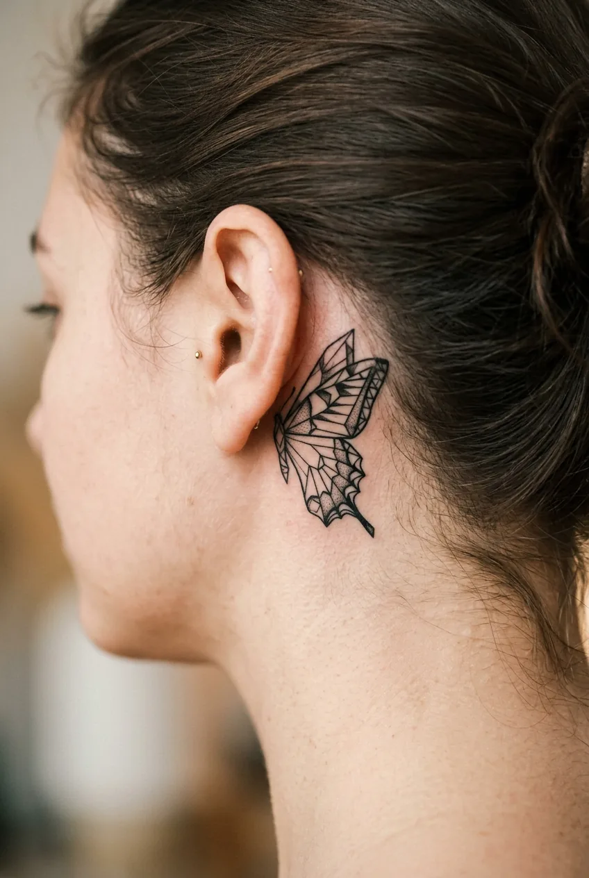 Geometric swallowtail butterfly tattoo behind woman's ear with modern abstract wing design