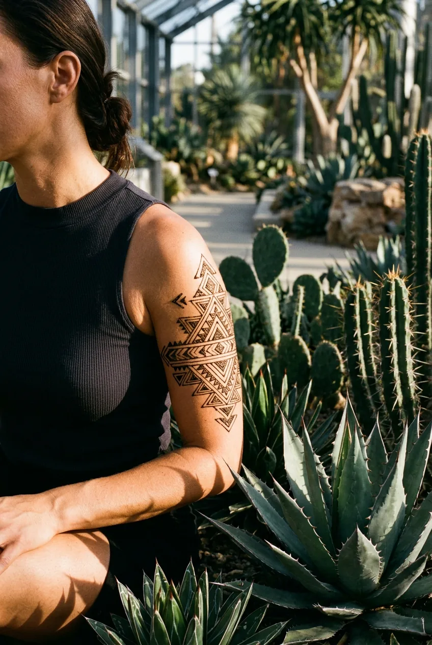 Woman's upper arm displaying sharp geometric triangle henna patterns surrounded by angular desert plants and cacti