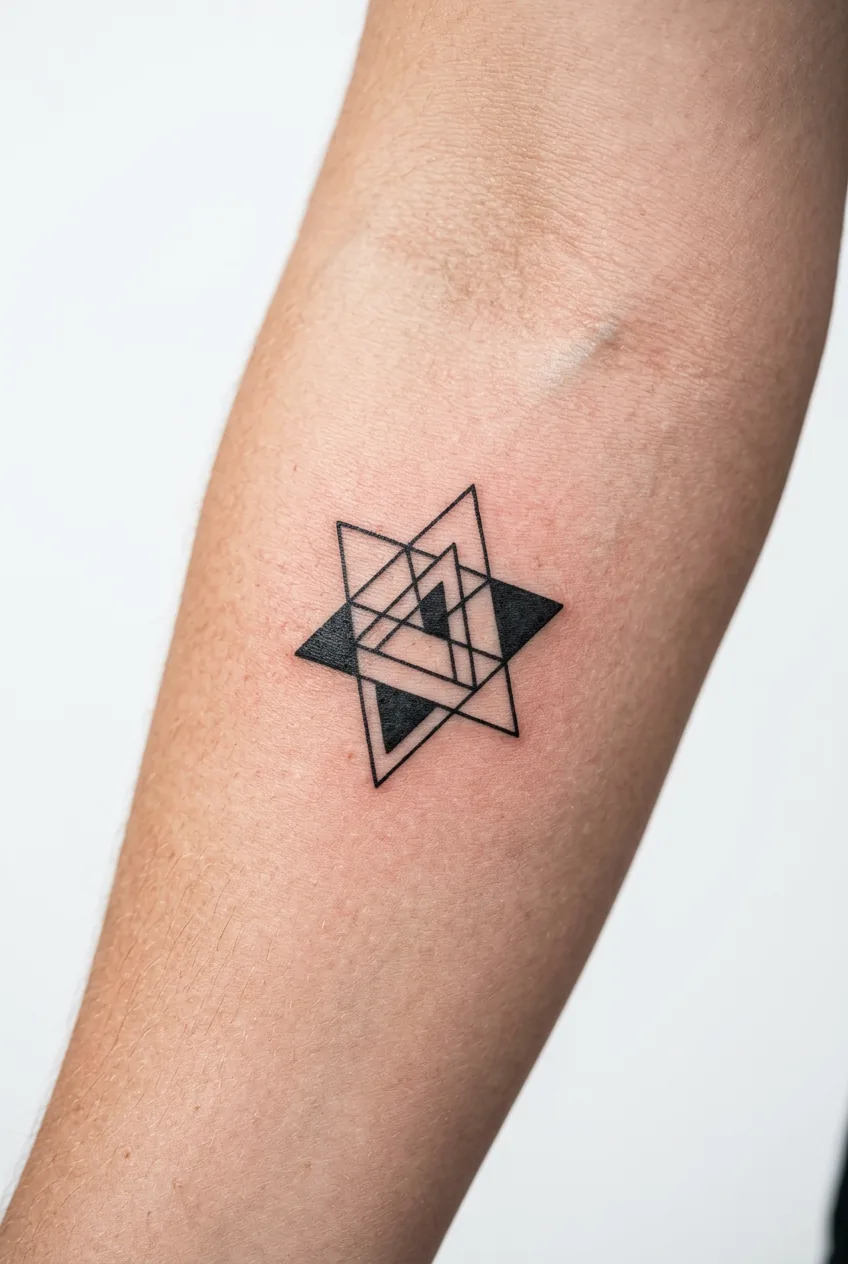 Small geometric triangle pattern tattoo on woman's inner forearm with minimal design elements