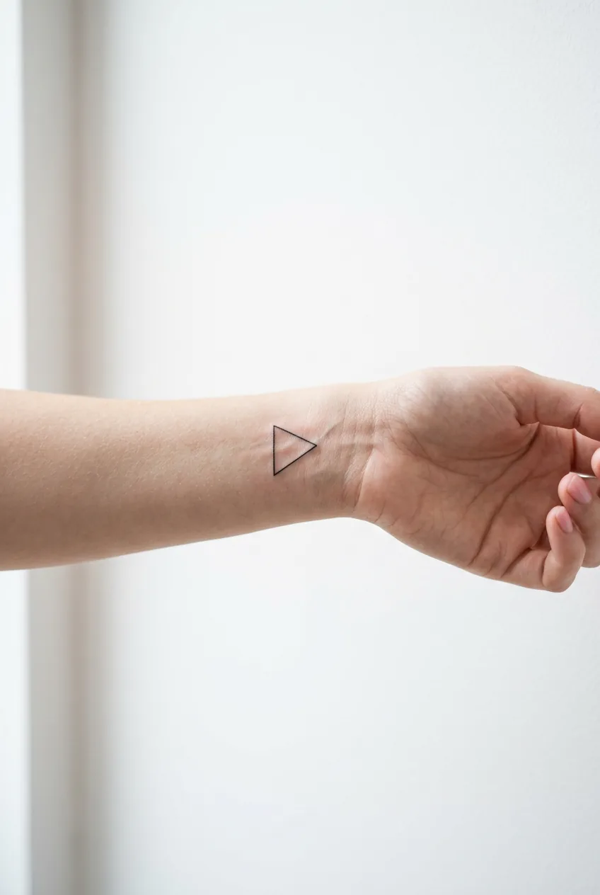 Close-up of woman's wrist showing delicate geometric triangle tattoo with clean line work against neutral background