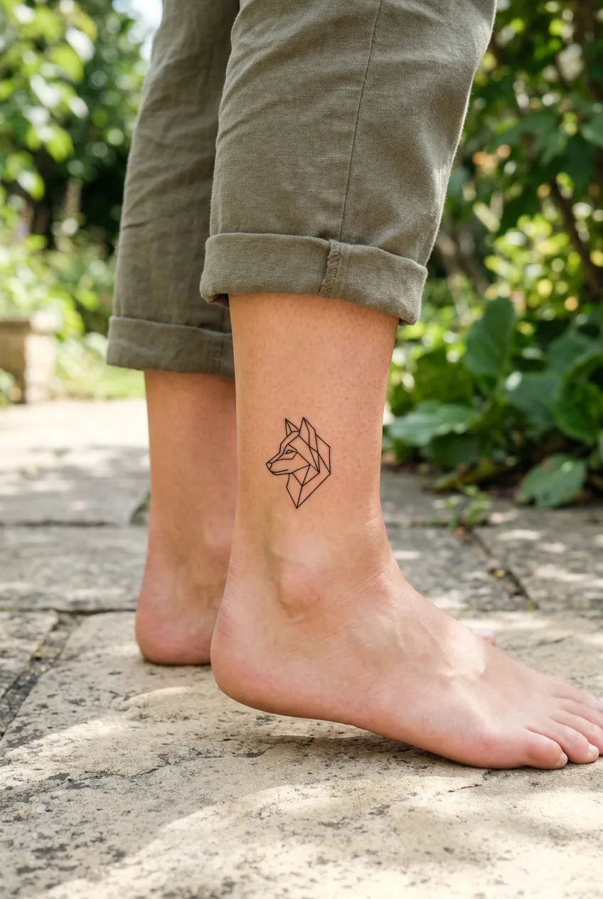 Woman's ankle displaying small geometric wolf outline tattoo in minimalist fine line style