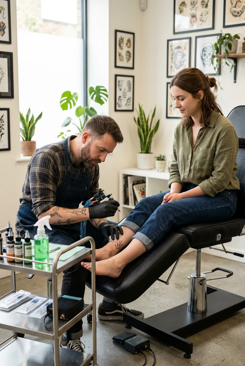 Woman getting small ankle tattoo with artist focused on precise line work in clean studio