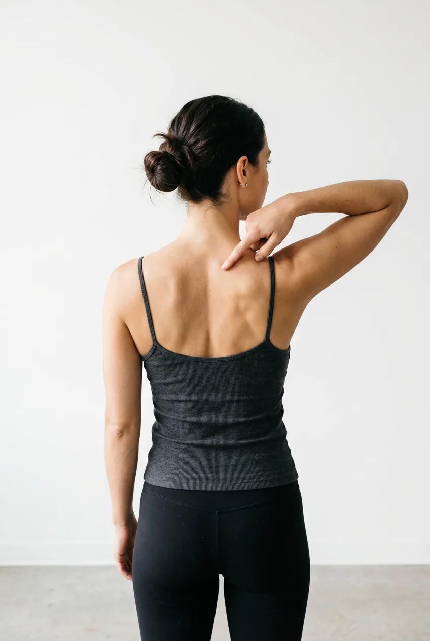Woman pointing to mid-spine area between shoulder blades showing optimal placement zone