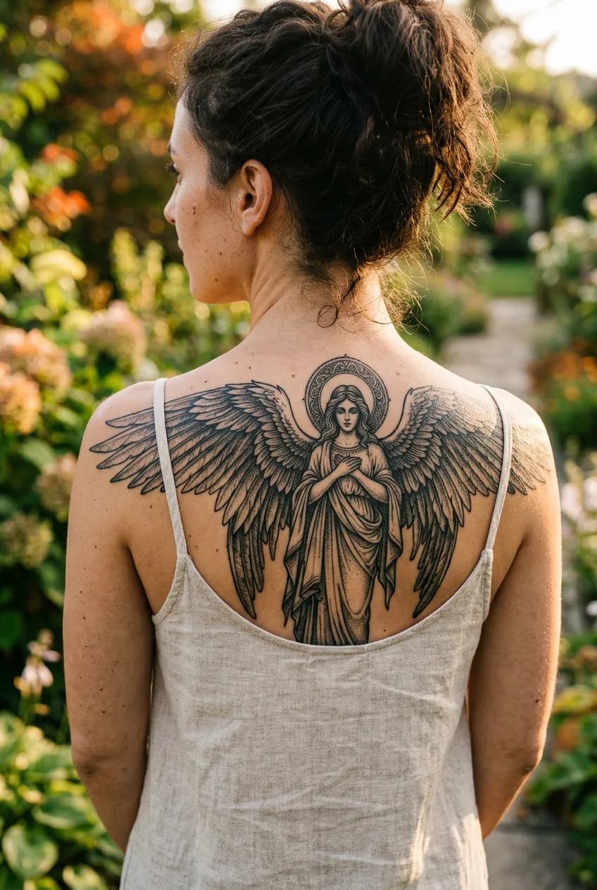 Woman showing guardian angel tattoo with outstretched wings across upper back in warm outdoor lighting