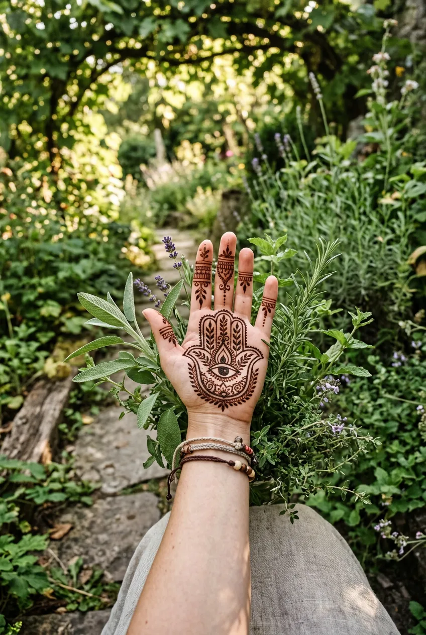 Woman's palm showing detailed Hamsa hand henna design surrounded by sage and rosemary herbs in sunlit garden