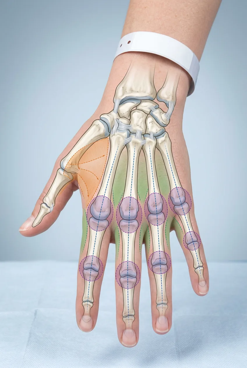 Detailed view of woman's hand showing anatomical zones and skin movement areas for tattoo placement consideration