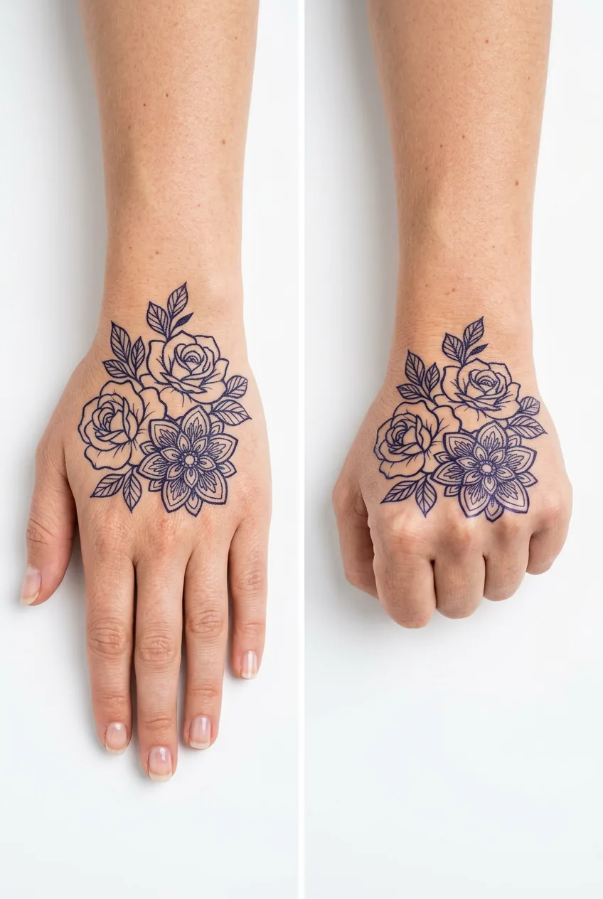 Side by side comparison of relaxed and clenched hand showing stencil design changes