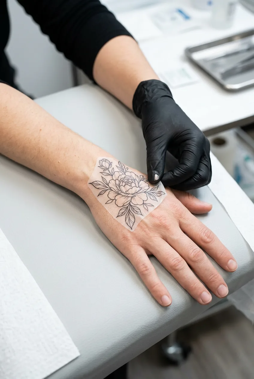 Woman's hand with temporary flower stencil placed on back of hand during consultation