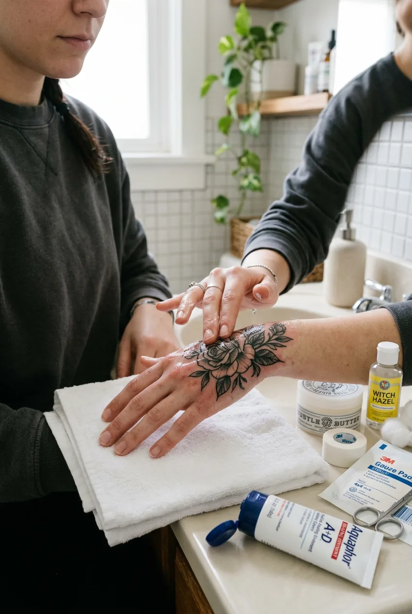 Woman applying healing ointment to fresh hand tattoo with medical supplies visible