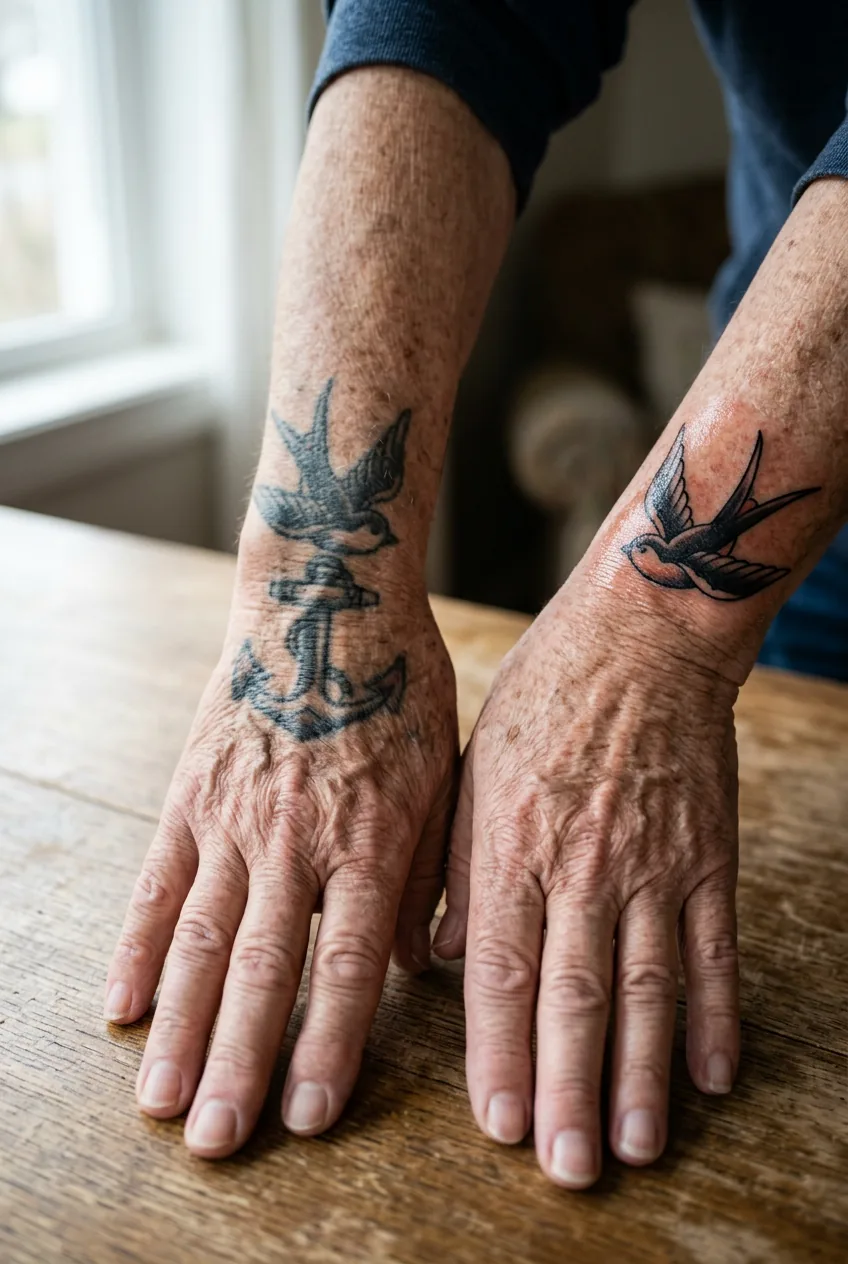 Close-up comparison between aged hand tattoo and fresh tattoo showing long-term appearance