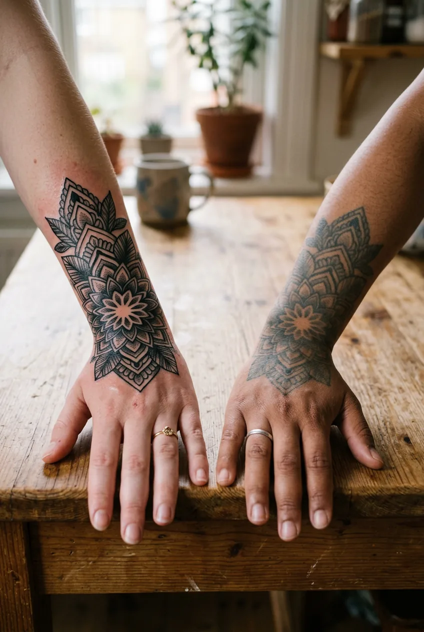 Side-by-side comparison showing fresh hand tattoo versus two-year-old faded version