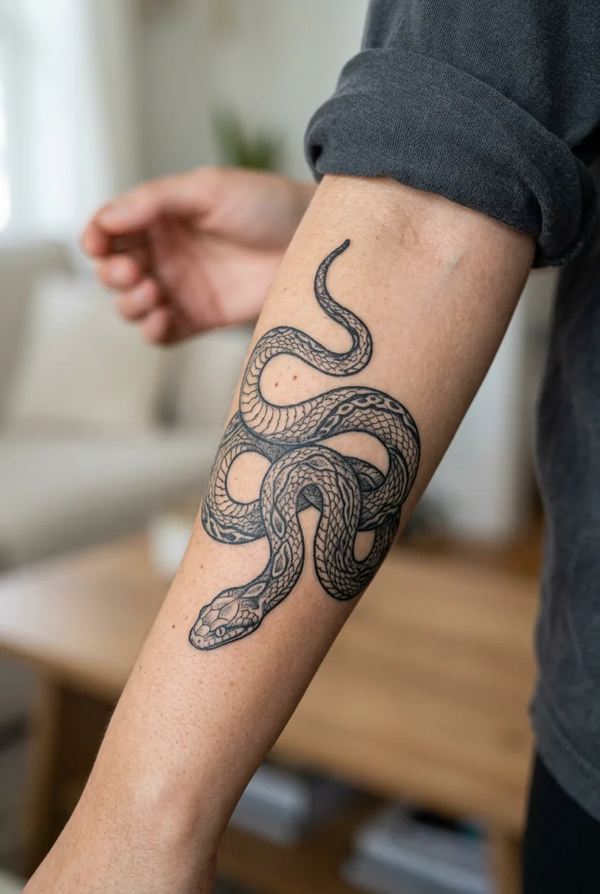 Healed detailed snake tattoo on skin showing how fine linework has aged over time