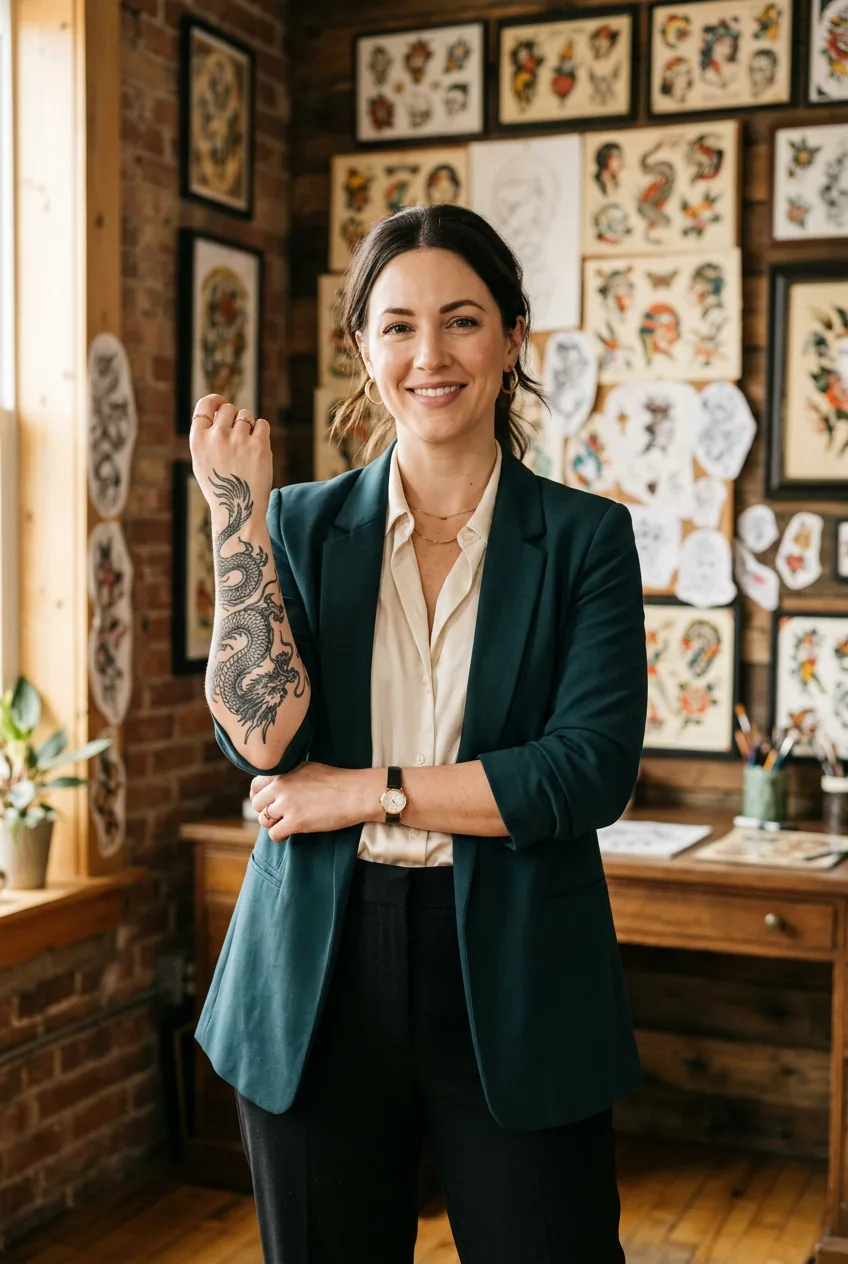 Confident woman showing well-healed dragon tattoo in natural studio lighting with professional clothing options visible