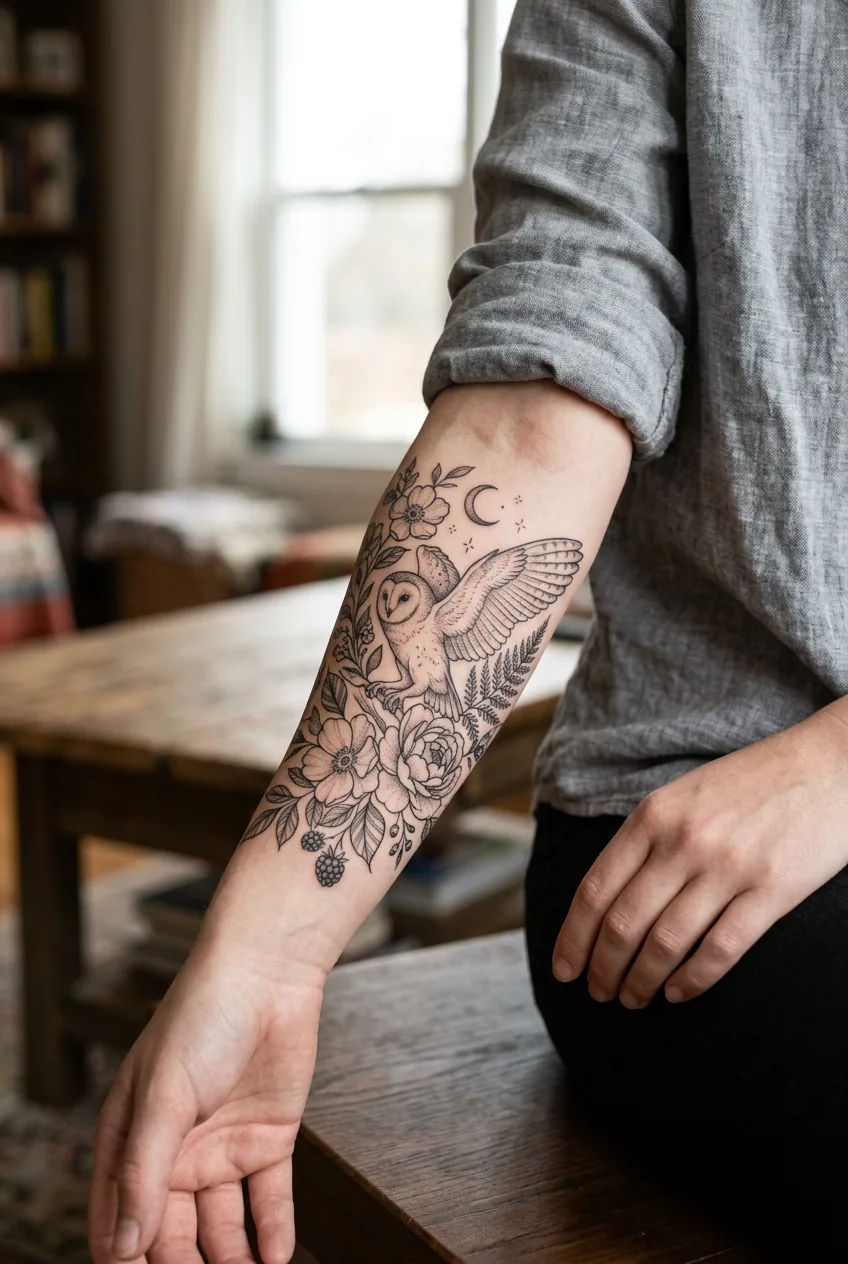 Fully healed drawn-style tattoo showing fine line work and shading in natural lighting