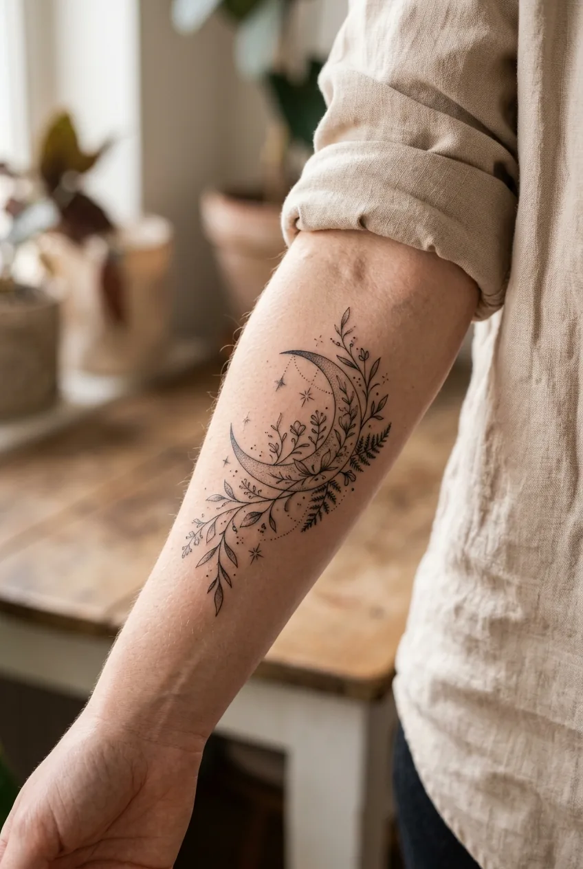 Close-up detail of healed elegant tattoo showing fine line quality and subtle shading on forearm