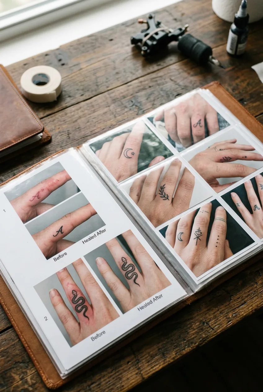Portfolio photos showing before and after shots of healed finger tattoos on table