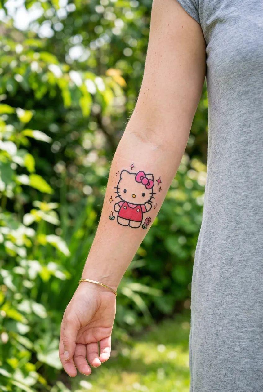 Woman's forearm showing well-maintained Hello Kitty tattoo with vibrant colors in natural lighting