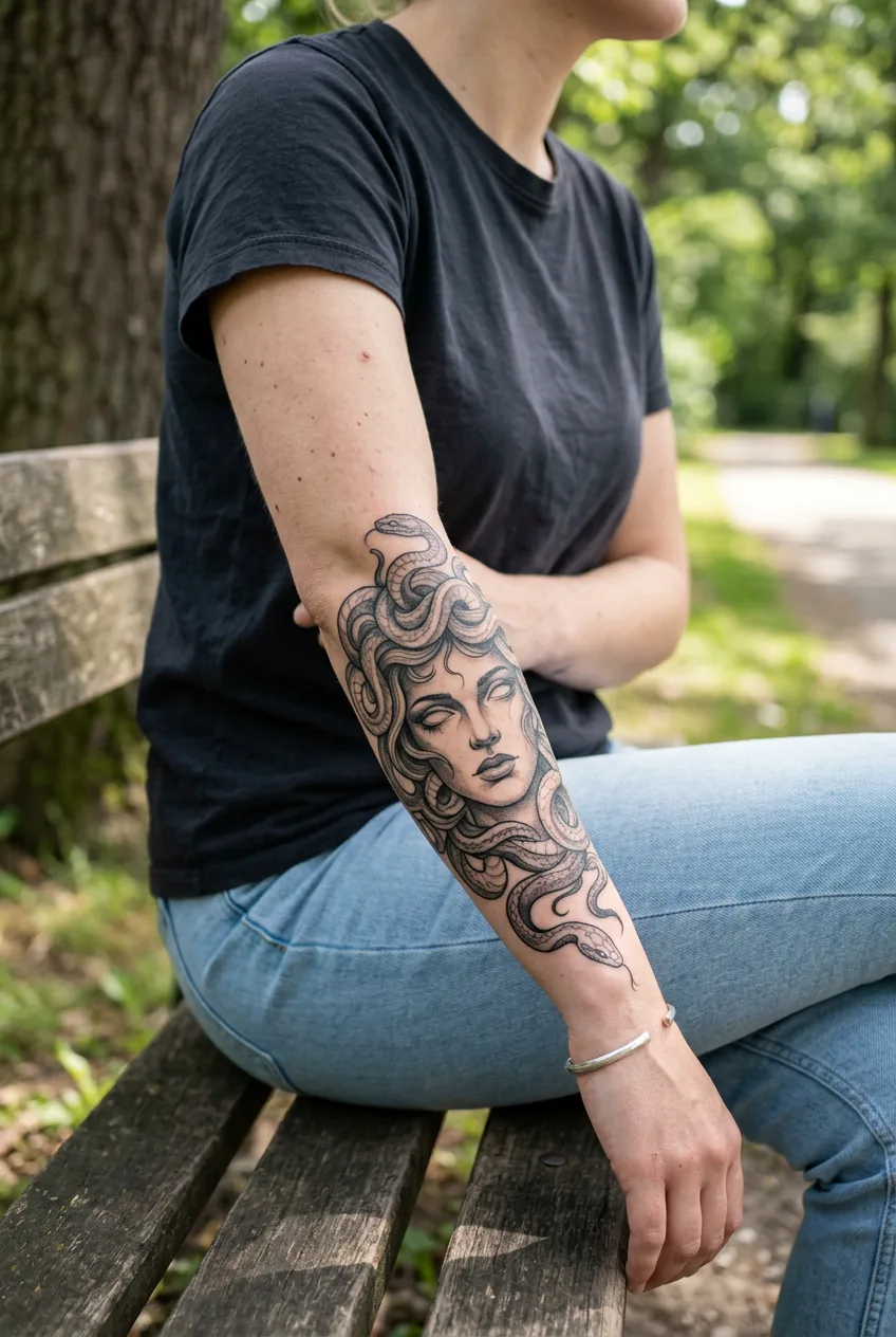 Healed Medusa tattoo on woman's forearm demonstrating size and placement on body curve