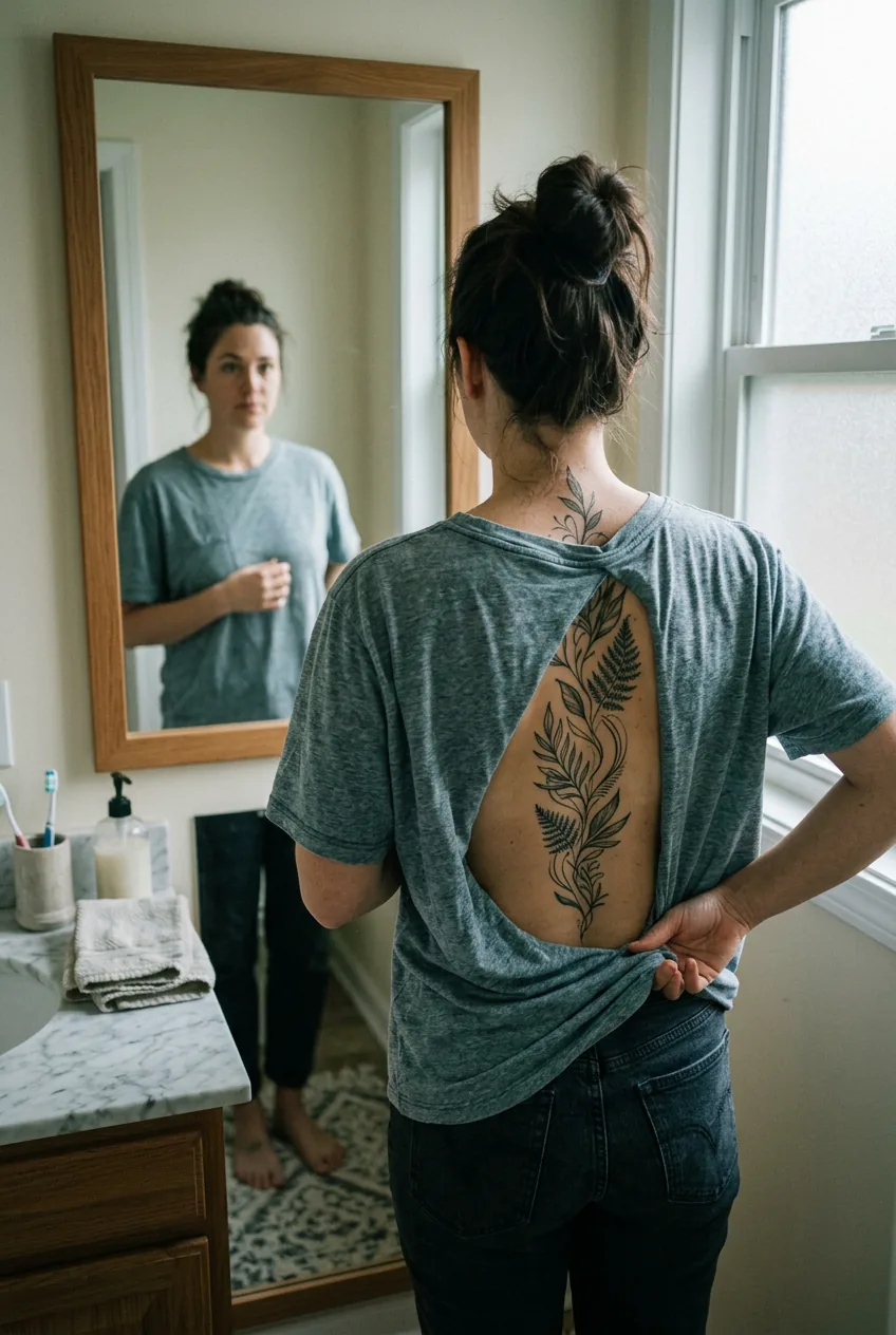 Woman showing healed spine tattoo in mirror while wearing loose cotton shirt