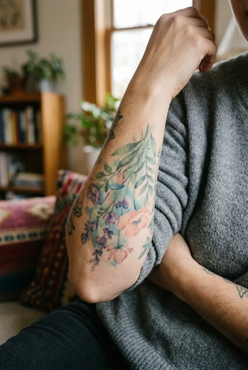 Healed watercolor tattoo on woman's arm showing natural color softening over time
