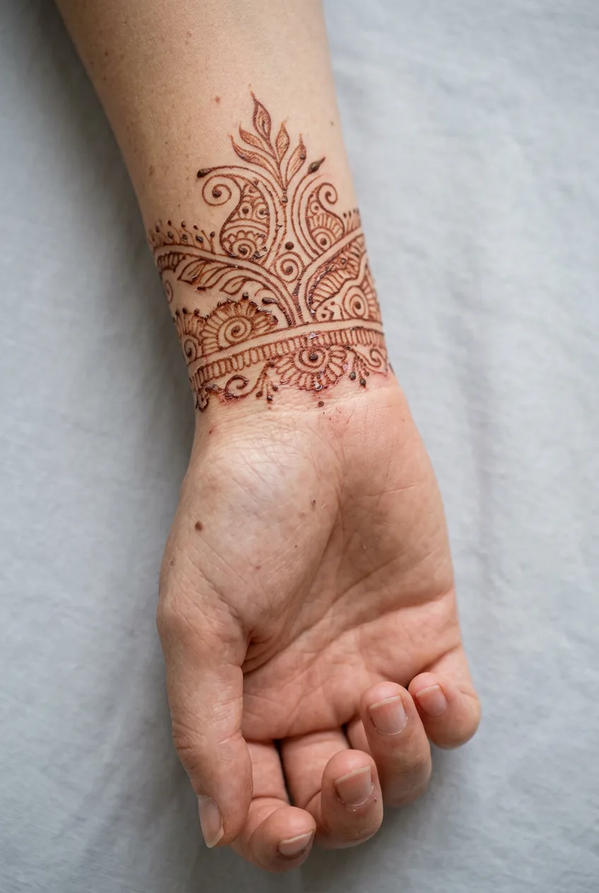 Close-up of healing henna-style tattoo on woman's wrist showing fine line work detail and skin texture