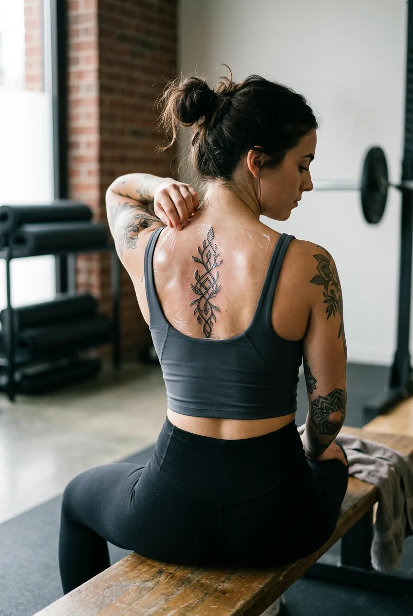 Woman with healing spine tattoo protected with covering during post-workout recovery period