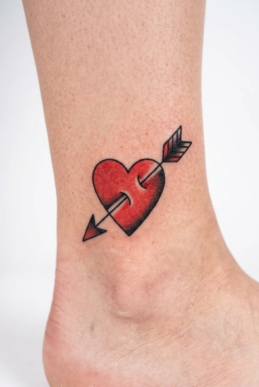 Ankle placement displaying traditional heart and arrow tattoo in bold line work style