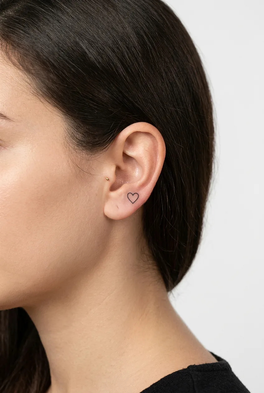 Tiny heart tattoo behind woman's ear showing intimate placement and fine detail work