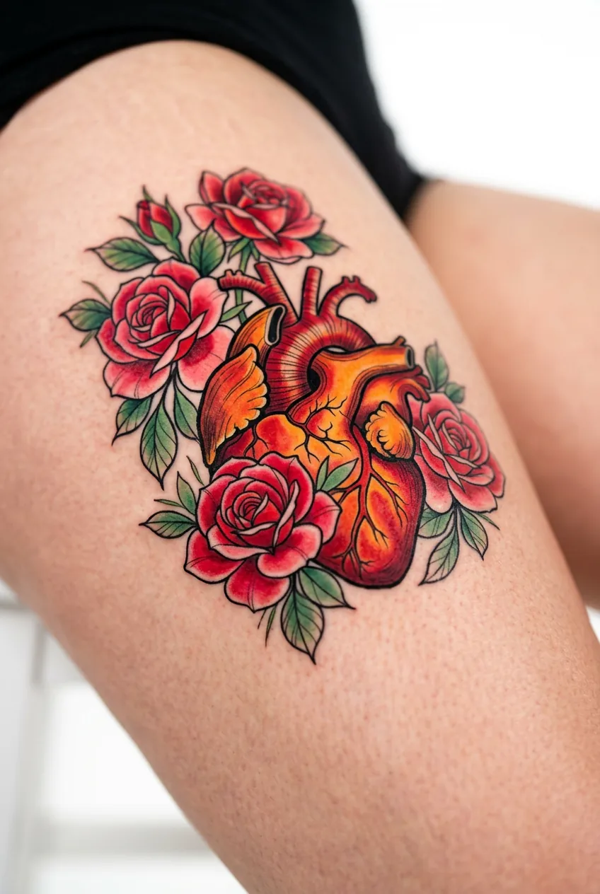 Thigh showing heart with roses tattoo in full color with detailed petal and thorn elements