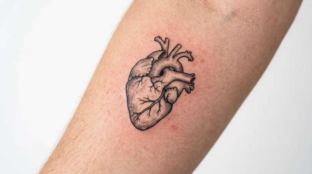 Close-up view of fresh heart tattoo showing detailed linework and skin texture in studio lighting
