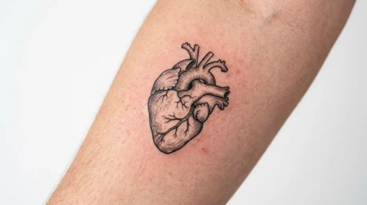 Close-up view of fresh heart tattoo showing detailed linework and skin texture in studio lighting