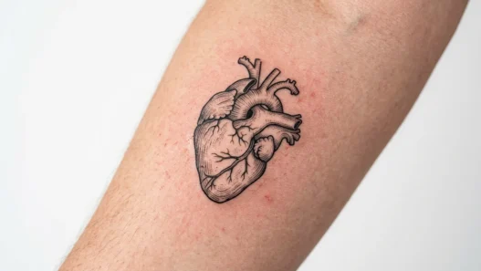 Close-up view of fresh heart tattoo showing detailed linework and skin texture in studio lighting