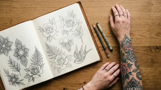 Tattoo design sketchbook open with Hello Kitty drawings next to woman's tattooed forearm on wooden surface