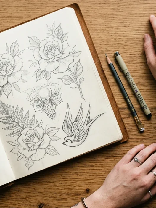 Tattoo design sketchbook open with Hello Kitty drawings next to woman's tattooed forearm on wooden surface