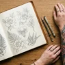 Tattoo design sketchbook open with Hello Kitty drawings next to woman's tattooed forearm on wooden surface