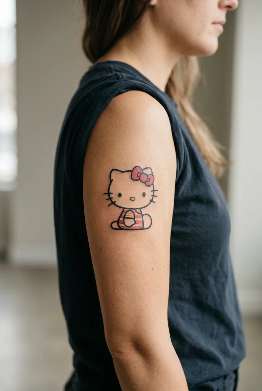 Side view of woman's upper arm displaying medium-sized Hello Kitty tattoo with clear proportions
