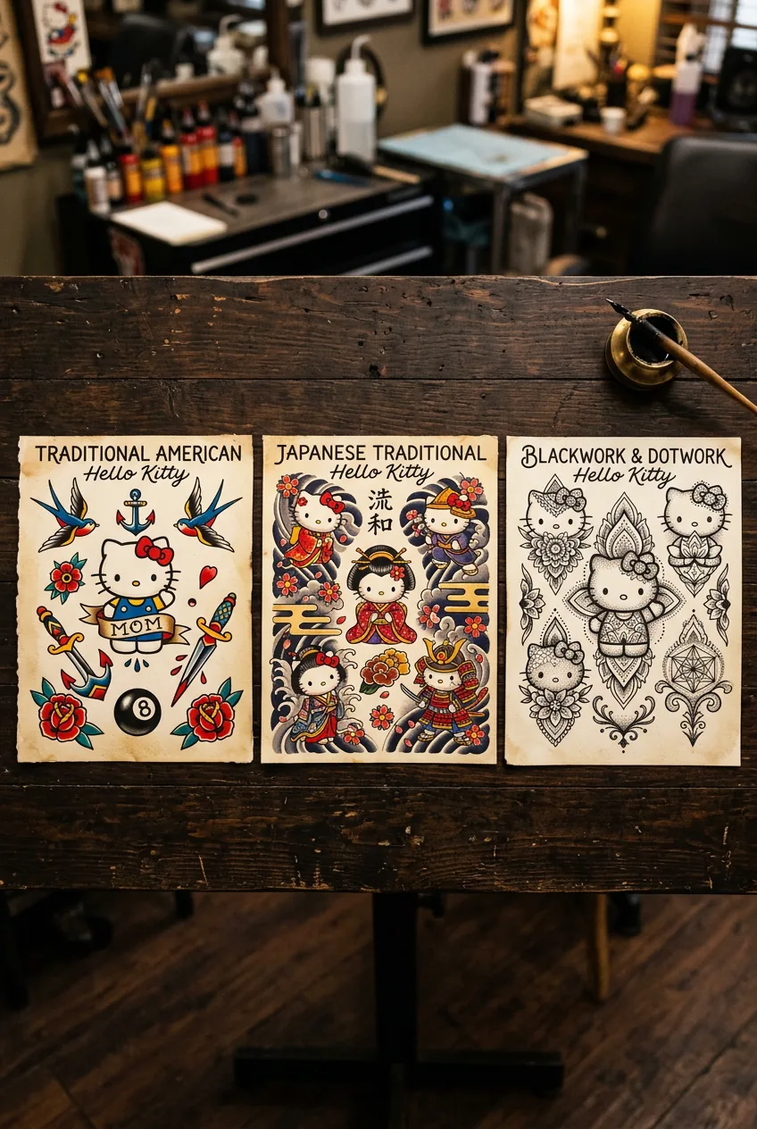 Three Hello Kitty tattoo flash sheets showing traditional American, Japanese, and blackwork style variations