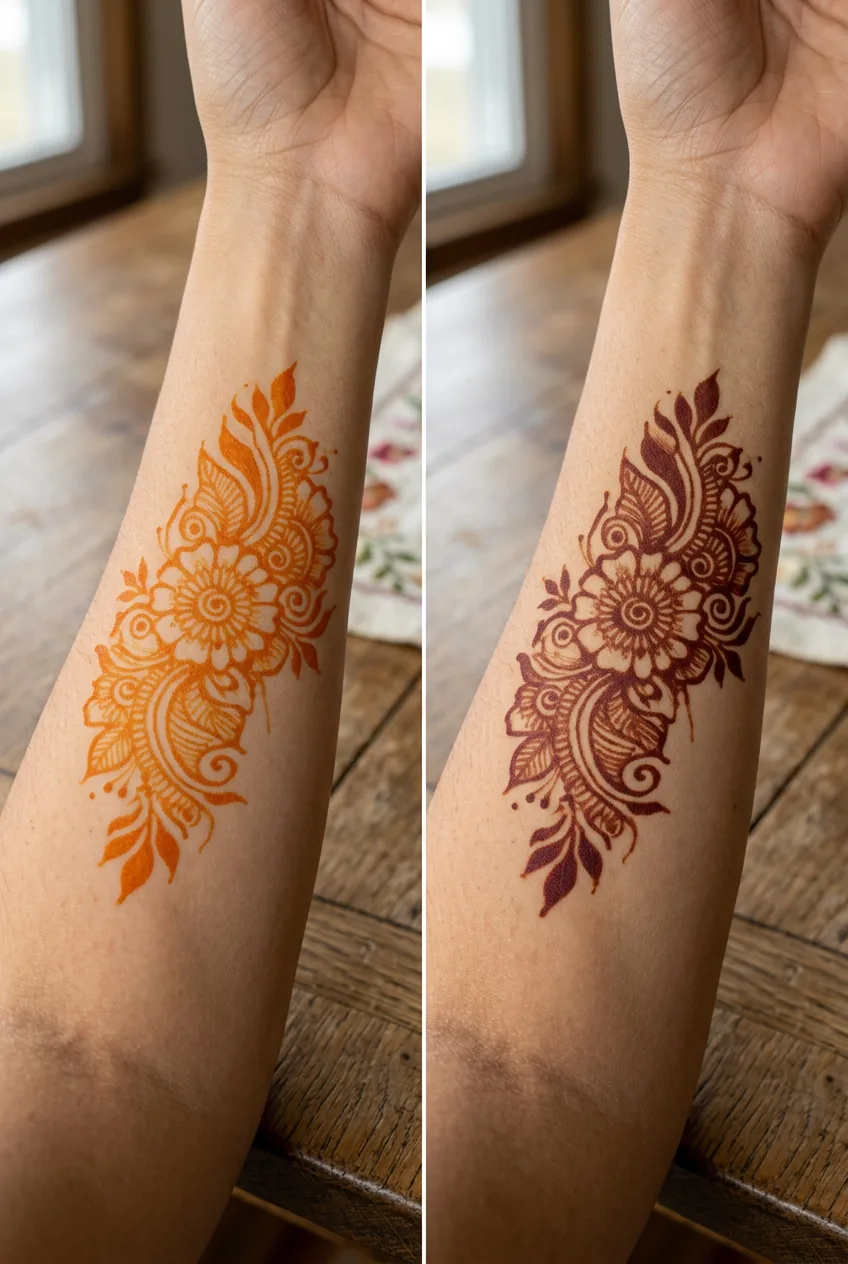 Before and after comparison showing henna stain color progression from orange to deep brown over time
