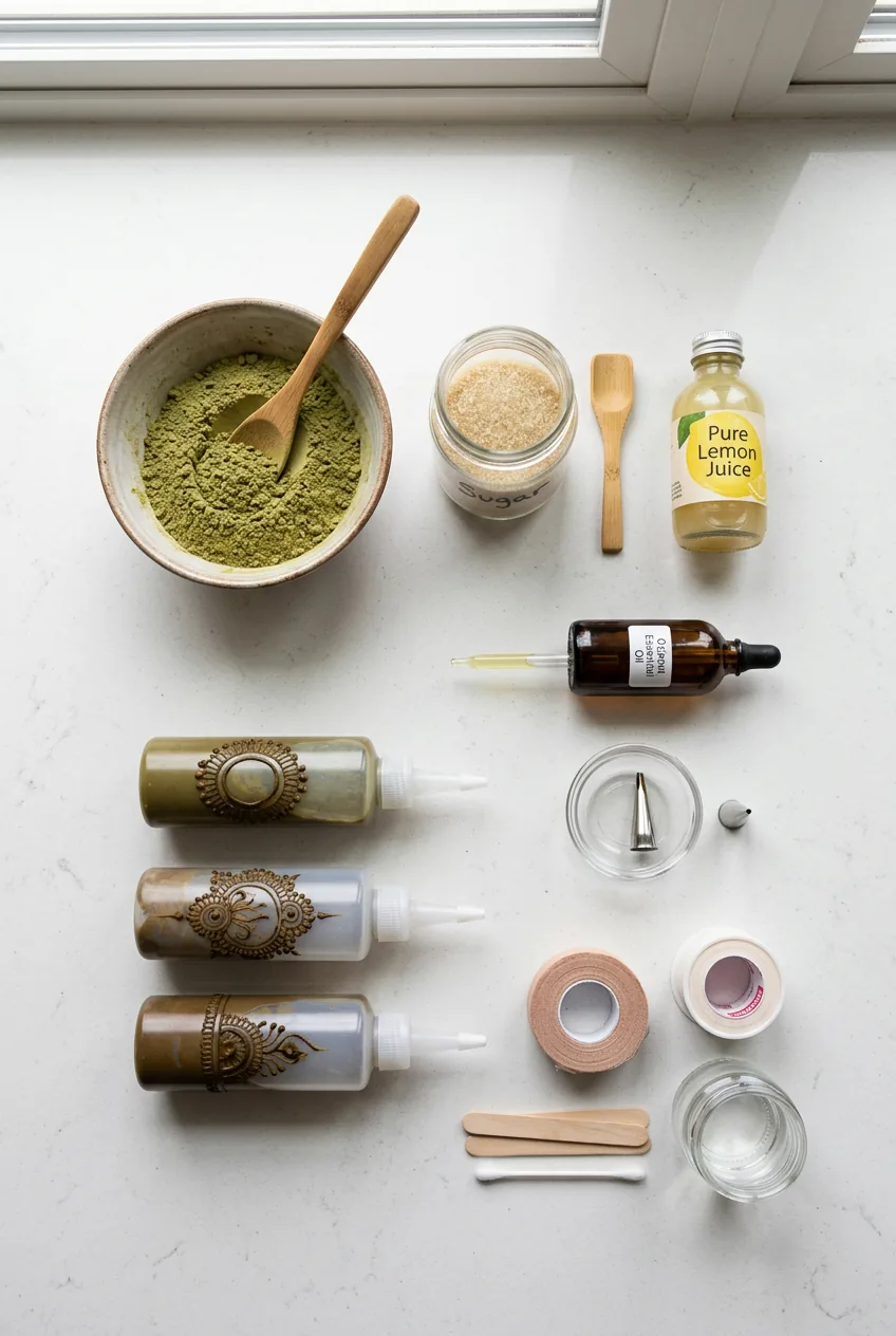 Flat lay of henna supplies including powder bowl, lemon juice, sugar, and squeeze bottles on white counter