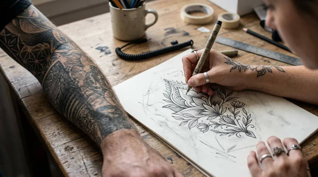 Tattoo artist drawing custom henna-style design sketch with client's tattooed arm resting beside paper