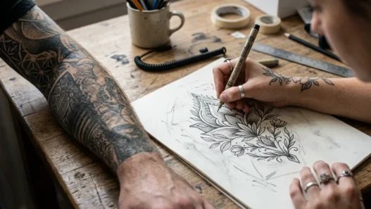 Tattoo artist drawing custom henna-style design sketch with client's tattooed arm resting beside paper