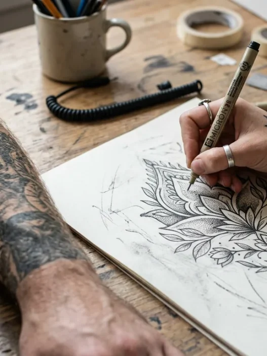 Tattoo artist drawing custom henna-style design sketch with client's tattooed arm resting beside paper