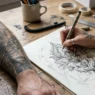 Tattoo artist drawing custom henna-style design sketch with client's tattooed arm resting beside paper
